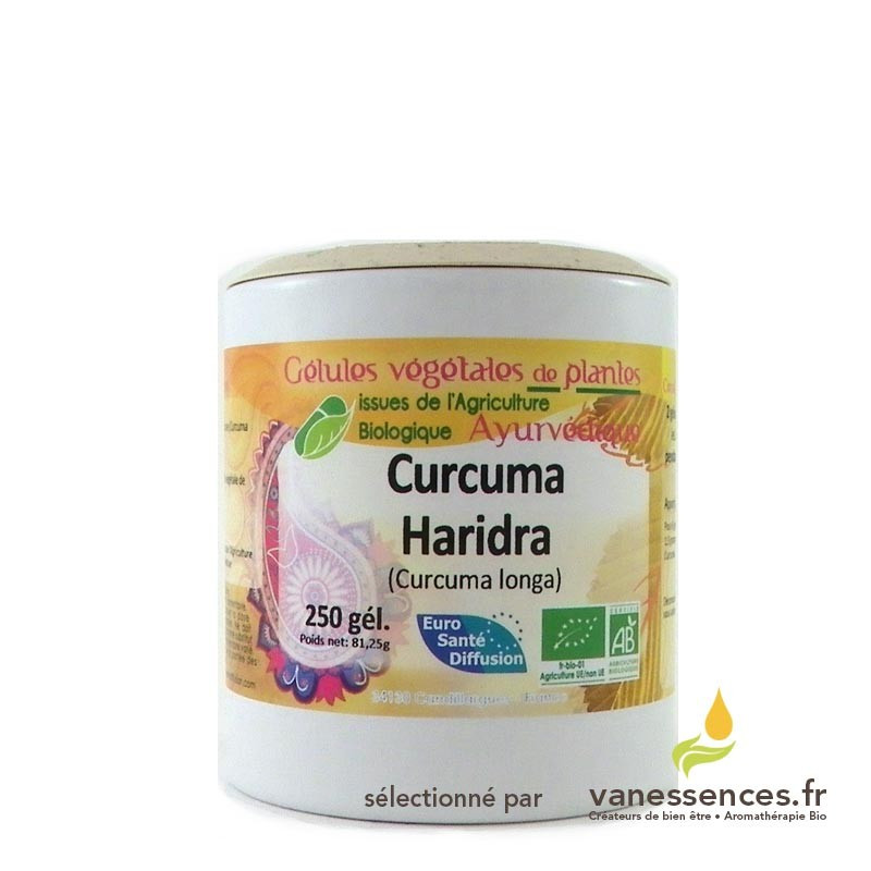 Gélules de Curcuma Bio (Haridra) : boîte de 250 gélules de racine de curcuma longa dosées à 250mg