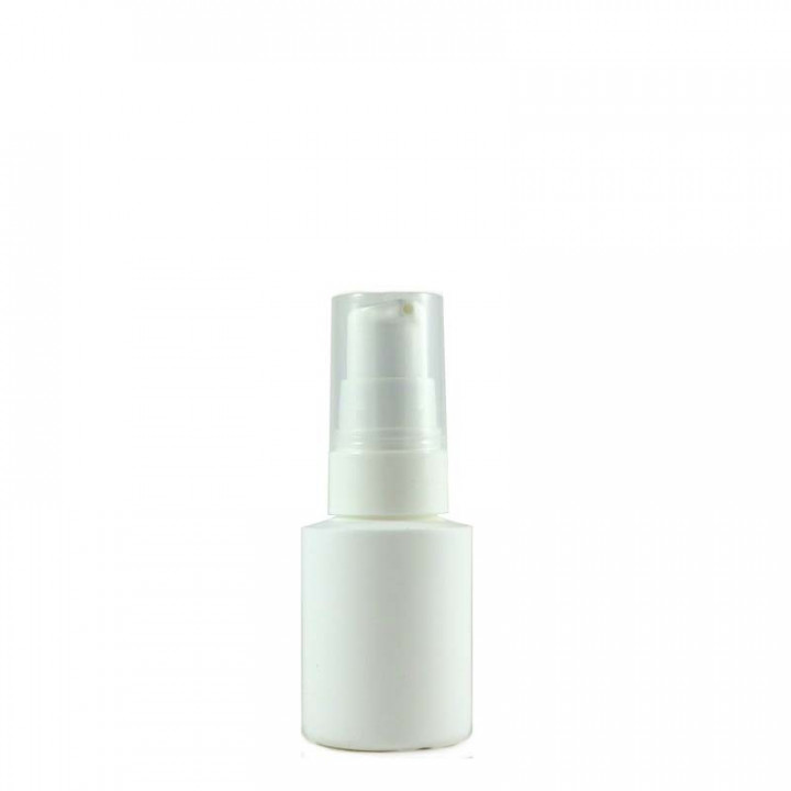 Flacon plastique blanc PEHD 30ml avec bouchon pompe crème blanc et capot cristal