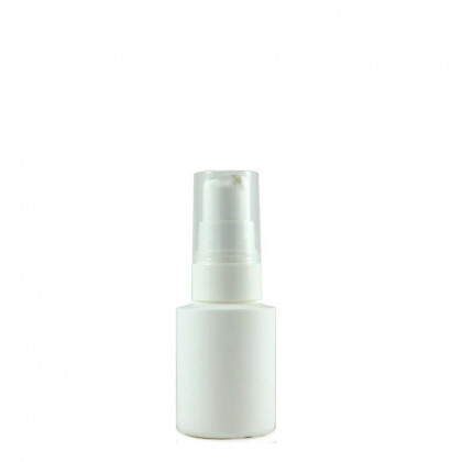 Flacon plastique blanc PEHD 30ml avec bouchon pompe crème blanc et capot cristal