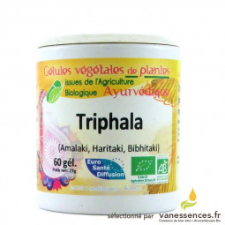 Triphala bio en gélules. Gélules végétales de poudre de fruits et plantes ayurvédiques.