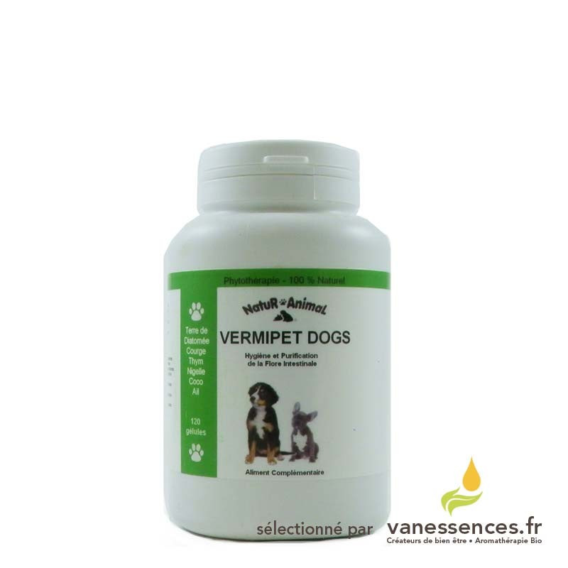 Vermipet dogs - Vermifuge naturel chien. Boîte de 120 gélules pour vermifuger naturellement.