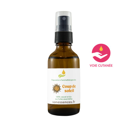 Coup de soleil remède naturel aux huiles essentielles bio. Calme, répare et cicatrise la peau après un coup de soleil.