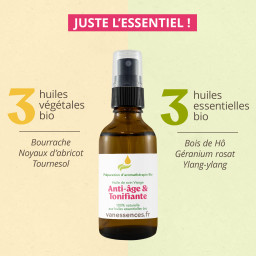 3 HV bio : Tournesol, Bourrache, Noyaux d’Abricot
3 HE bio : Géranium rosat, Ylang-Ylang, Bois de Hô