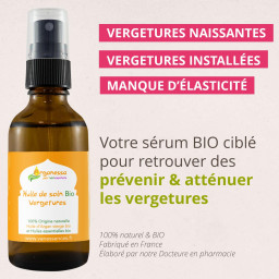 VERGETURES NAISSANTES
VERGETURES INSTALLÉES
MANQUE D’ÉLASTICITÉ
Votre soin BIO ciblé pour
prévenir & atténuer les vergetures