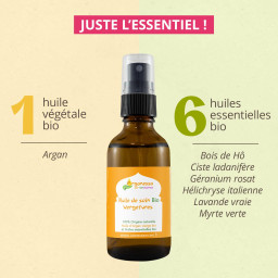 Argan vierge
Hélichryse italienne
Lavande vraie
Myrte verte
Géranium rosat
Bois de Hô
Ciste ladanifère