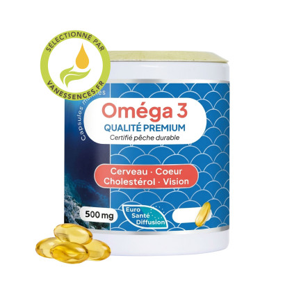 Oméga 3 Premium Euro Santé Diffusion : huile EPAX®, 384 mg d’EPA et 288 mg de DHA par jour. 60 capsules marines pour 30 jours.