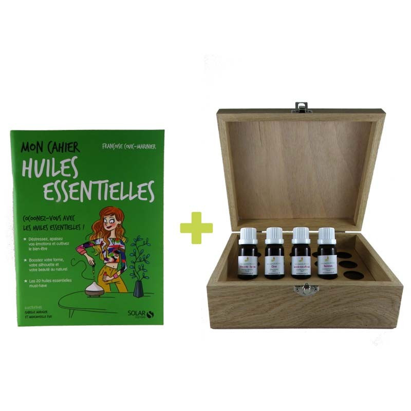 Kit aromathérapie : 4 huiles essentielles bio + aromathèque en bois + livre