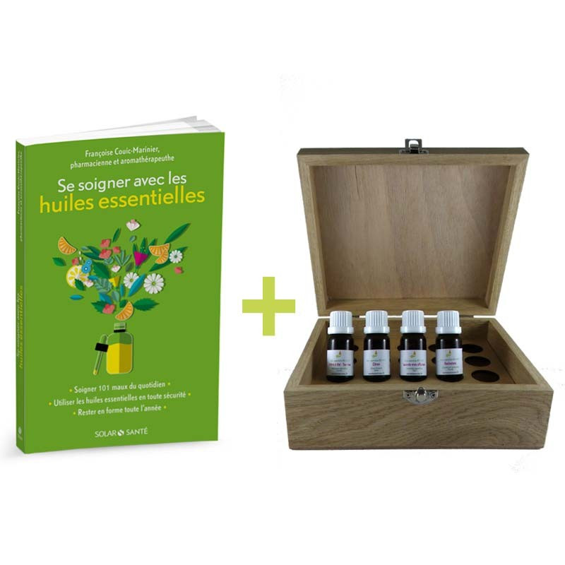 Coffret aromathérapie : Aromathèque en bois + 4 huiles essentielles d'urgence + livre aromathérapie